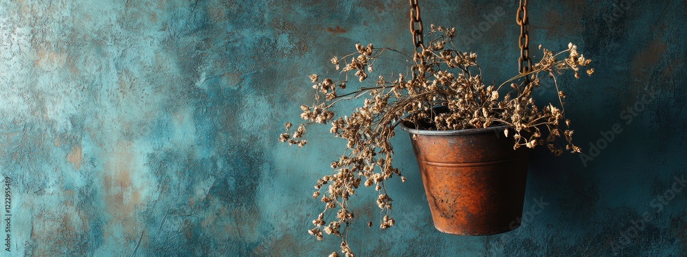 Aufkleber Dried plant in hanging pot against textured backdrop with ample copy space for text or branding elements