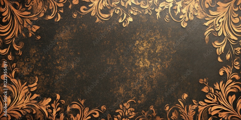 Leinwandbilder Elegant dark damask pattern with ornate golden foliage framing empty copy space ideal for brochures and mockups showcasing text content