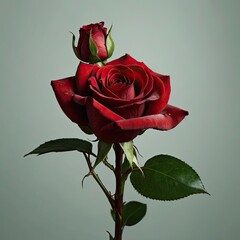 long green stem with detailed thorns, and a pair of fresh green leaves near the base of the flower. Isolated on a transparent background."