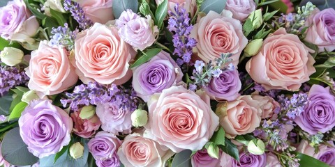 Elegant floral arrangement featuring soft pink and lavender roses with lush greenery and ample empty space for personalized text placement