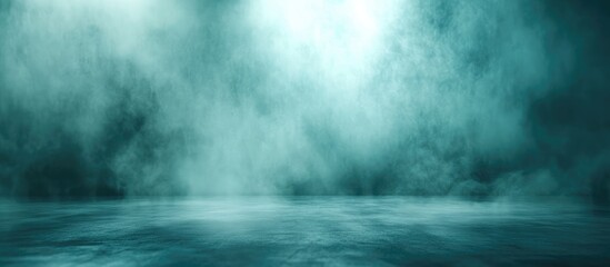 Misty green abstract studio with foggy ambiance and empty space for text creating a minimalistic and mysterious atmosphere.