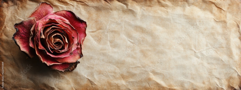 Aufkleber Dried vintage rose on textured aged paper creating rustic decor with ample space for personalized text or messages