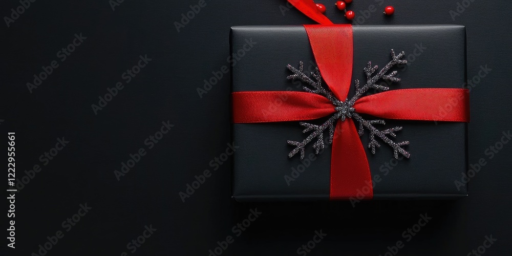 Poster Stylish Black Gift Box with Red Ribbon and Snowflake on Dark Background Featuring Empty Space for Personalized Holiday Message