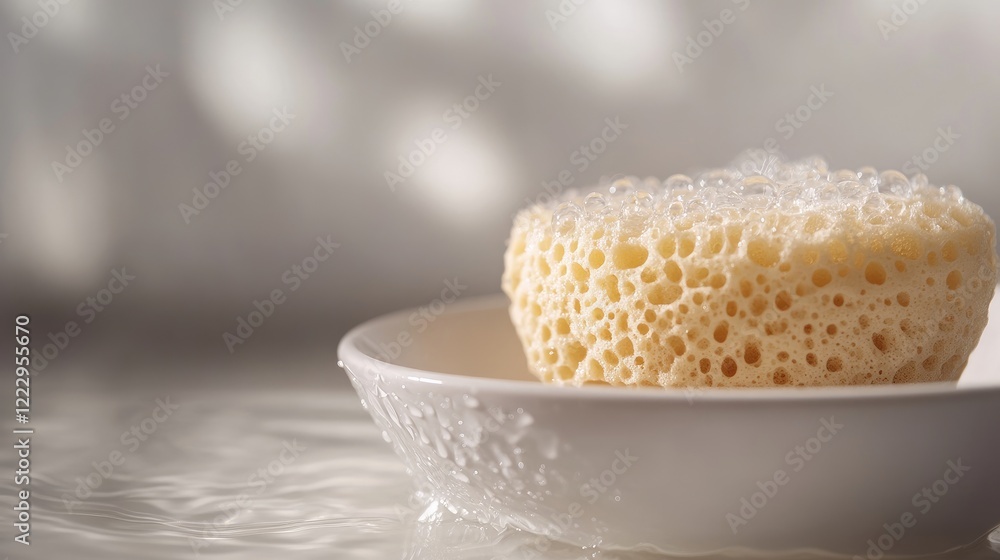 Fototapete natural sponge in water showcasing unique textures and droplets in a minimalist bathroom setting wit