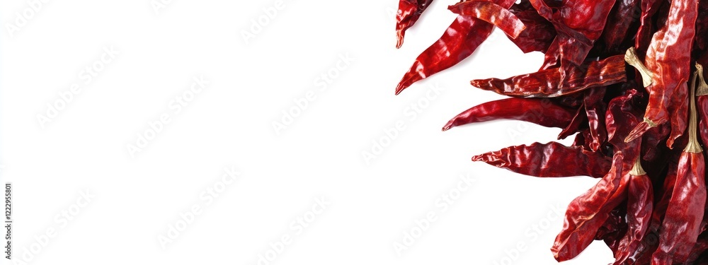 Poster dried red chili peppers on white background with ample space for text highlighting culinary uses and