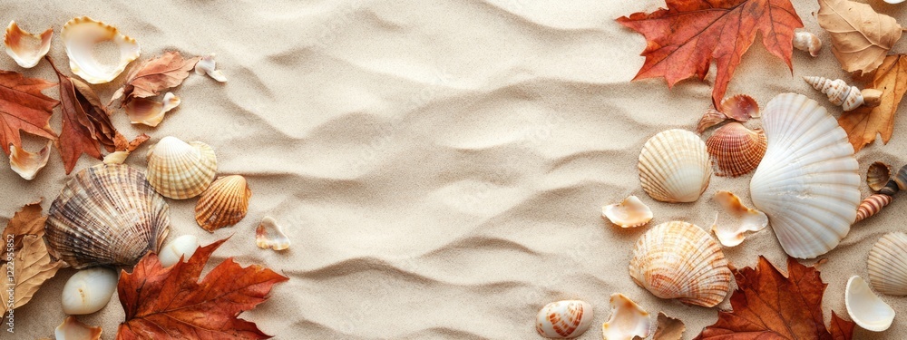 Poster Autumn arrangement of dried leaves and seashells on sandy background with empty space for text and decoration purposes
