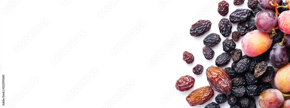 Poster Dried fruits assortment featuring raisins prunes grapes and dates on white background with space for text and healthy snack concepts.