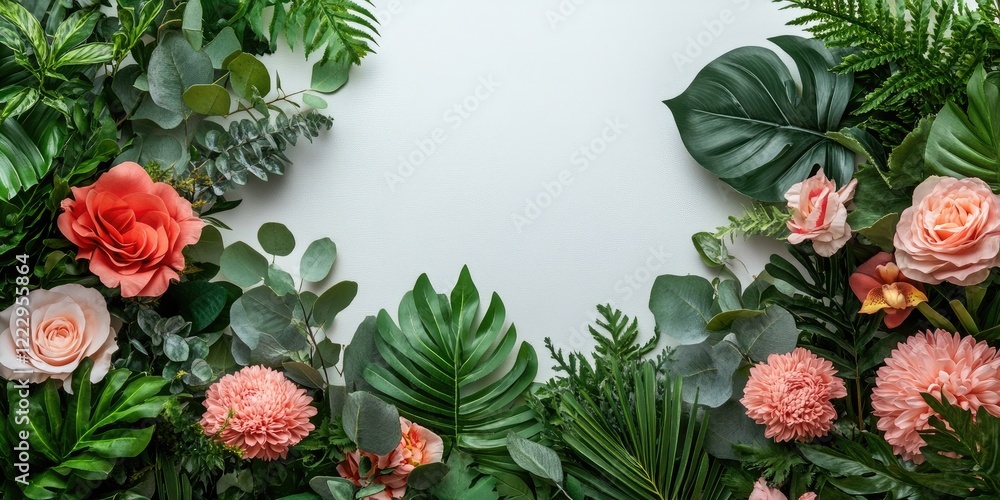 Poster elegant floral arrangement with lush greenery and blank space for text or branding