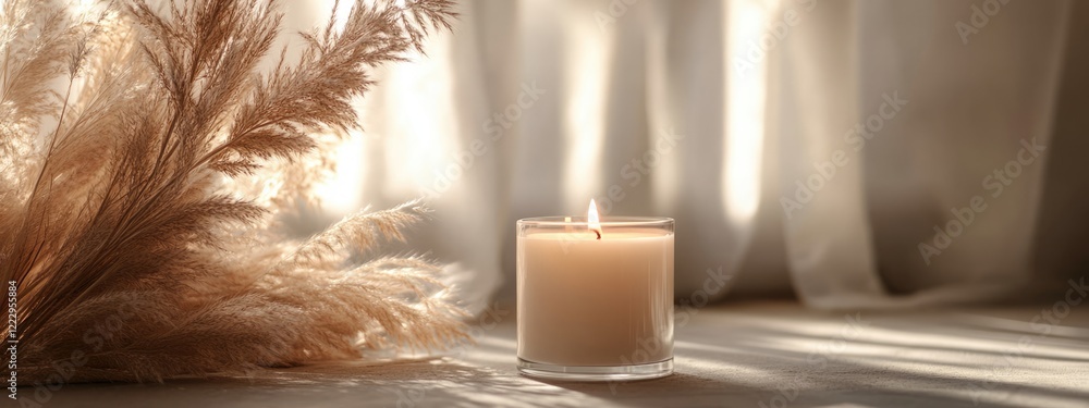 Poster cozy living space with dried pampas grass and glowing candle ideal for relaxation and serene decor w