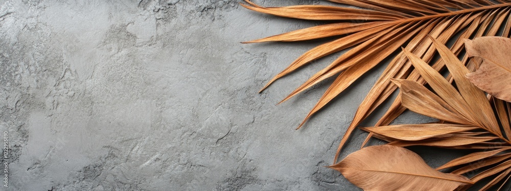Poster Dried palm leaves on a textured gray stone background with ample empty space for text or creative designs.