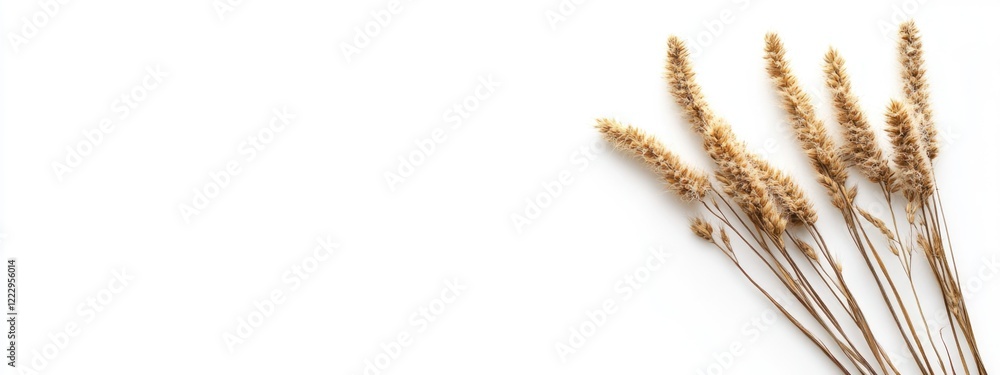 Poster dried horsetail plant arrangement on white background with ample copy space for natural and botanica