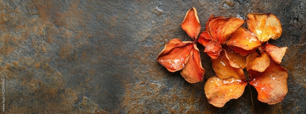 Poster Dried flowers adorned with dew on a rustic surface creating a serene mood with ample copy space for text insertion