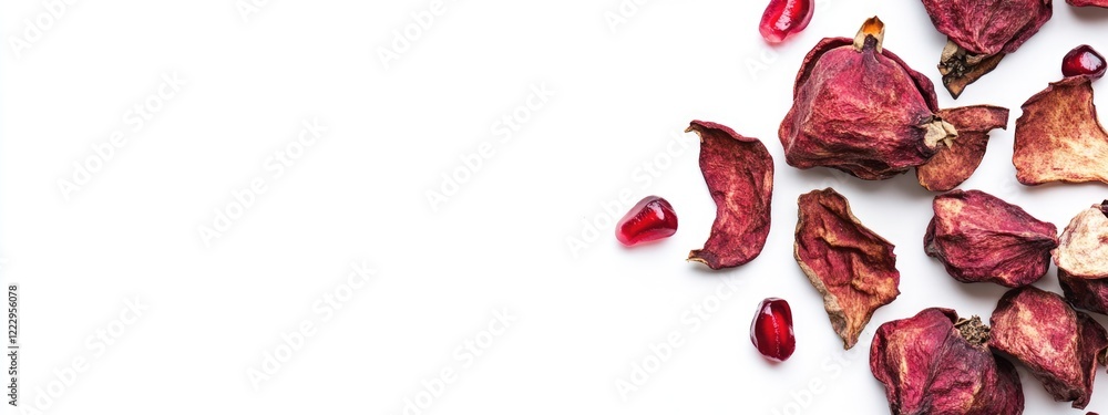 Poster dried pomegranate pieces arranged on a white background with negative space perfect for text overlay