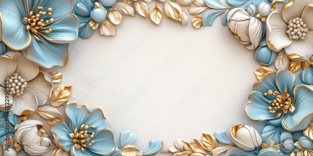 Poster elegant blue and gold floral frame with blank center for text placement in a sophisticated design