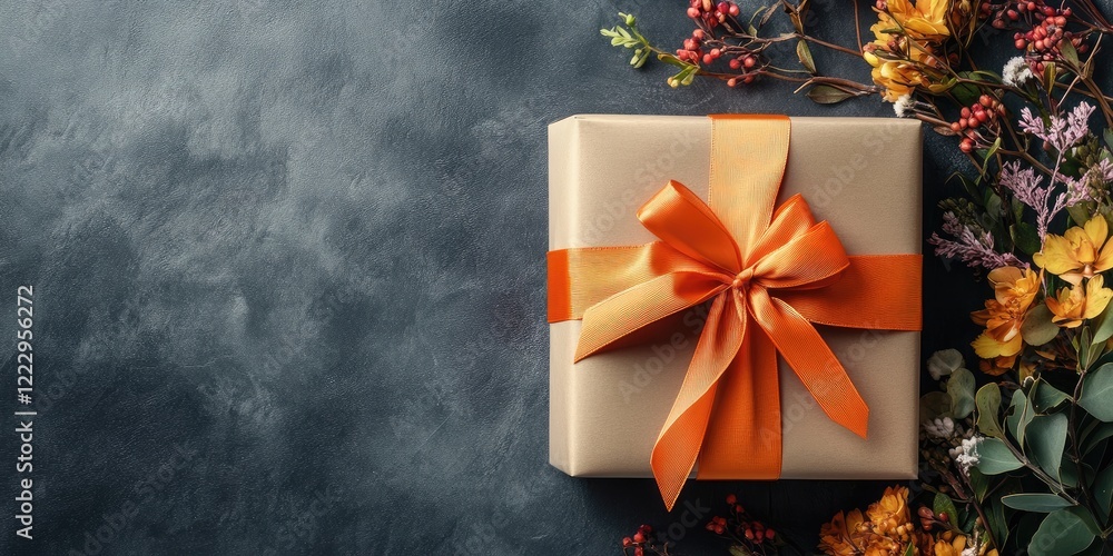 Poster elegant gift box with orange ribbon surrounded by flowers on textured grey background with space for