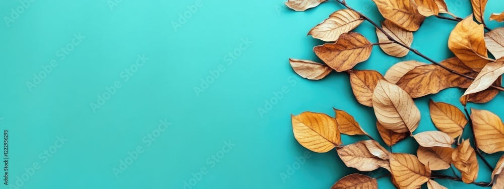 Poster Autumn leaves on a teal background creating a tranquil, empty space for text and design elements in a seasonal theme.