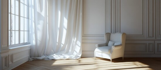 Luxury bedroom interior with white bed organic cotton mattress cozy armchair natural light from window and elegant white curtains for relaxation