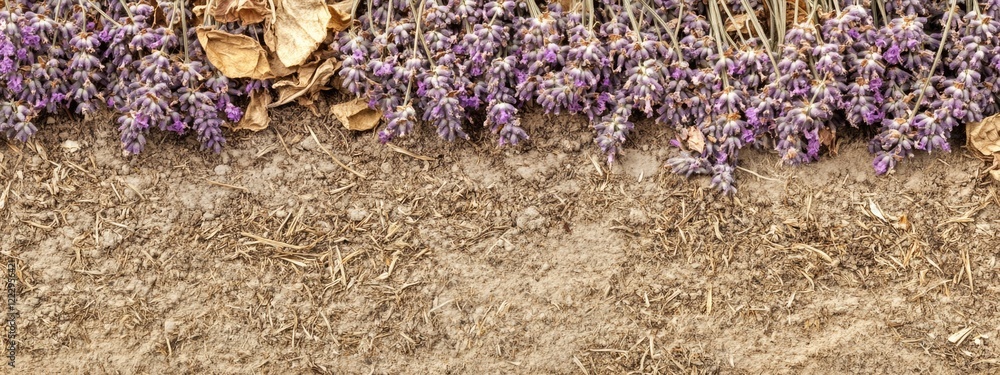 Poster Dried lavender flowers arranged on a textured surface with empty space for environmental impact text or design elements