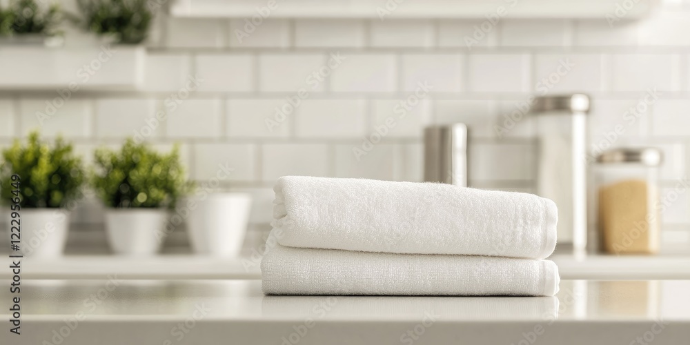 Poster Elegant white dishtowel neatly folded on a clean kitchen counter showcasing a minimalistic backdrop and ample empty space for text