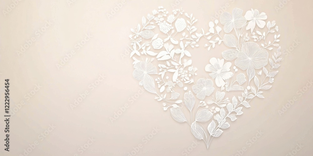Poster Minimalist floral heart shape line art design in white on beige background with ample space for text and elegant simplicity