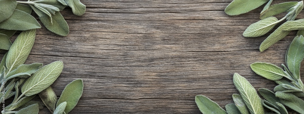 Fototapete Dried sage leaves arranged on rustic wooden surface with empty space for adding text or branding in natural health and wellness theme
