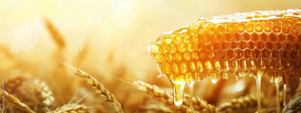Poster dripping honey with wheat and honeycomb against a warm blurred background featuring ample copy space