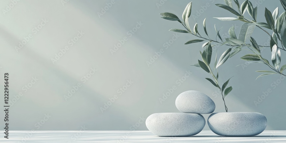 Leinwandbilder Serene composition with smooth stones and green leaves on a minimalist background ideal for text integration and elegant design aesthetics
