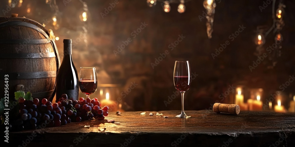 Aufkleber Elegant Wine Cellar Setting with Barrels and Glasses for Romantic Evening with Empty Space for Text