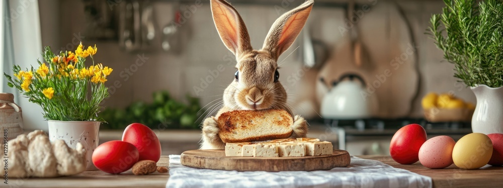 Poster Easter rabbit in kitchen preparing toast and tofu with colorful eggs and fresh flowers on table and empty space for text