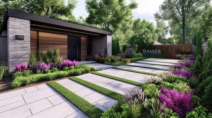 Fototapeta premium Contemporary Front Yard Landscaping with Stamped Concrete Driveway and Colorful Fast Growing Plants in Stylish Planters