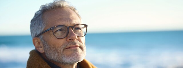 Handsome elderly man with glasses at the beach reflecting on life with sea in the background and space for text or branding