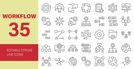 Workflow Line Editable Icons set. Vector illustration of work process related icons: timeline, processing, networking, progress, operation, scheme, hierarchy, mechanism, manager, planning, and more.