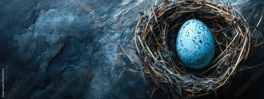 Aufkleber Easter themed background showcasing a blue quail egg nestled in a natural nest with ample space for personalized text or decorations.