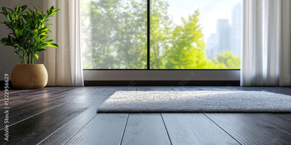 Poster elegant dark wooden floor showcasing a soft white rug near bright window with greenery view providin