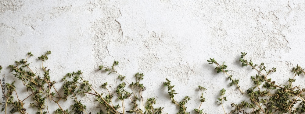 Poster dried marjoram leaves on white stone surface with copy space for text and garnish presentation in cu
