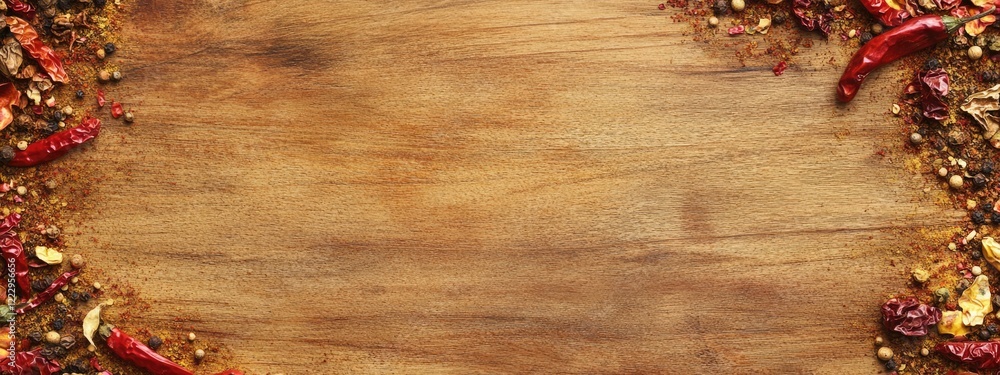 Poster dried red chili peppers and ground spices on rustic wooden table with empty space for culinary or fo