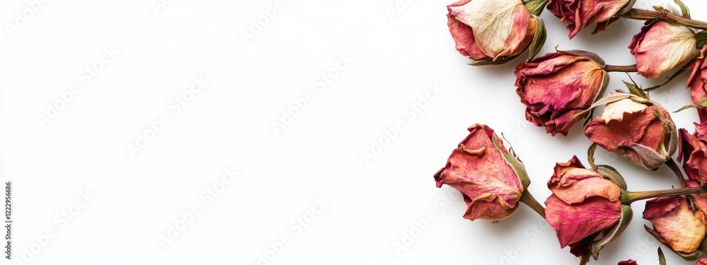 Aufkleber Dried pink roses arranged on white background with ample space for text or design elements suitable for invitations or personal messages