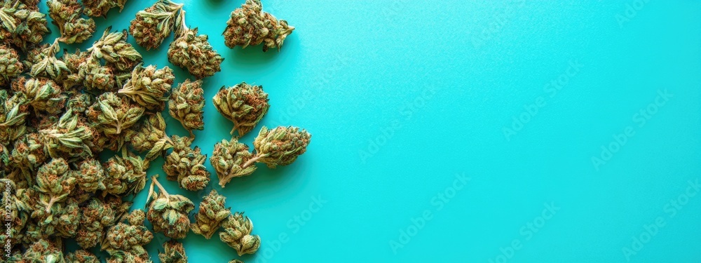 Poster dried indica cannabis buds arranged on a vibrant teal background with ample space for text and adver