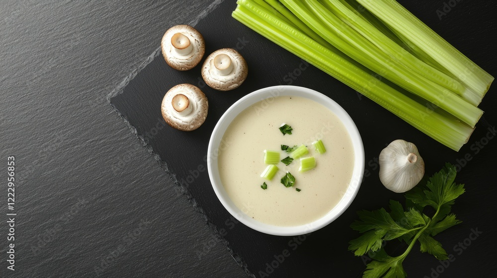 Poster cream soup in white bowl on dark board surrounded by fresh celery mushrooms and garlic showcasing di