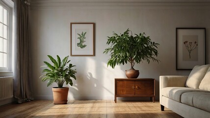 Potted Plants on Antique Cabinet in Bright Living Room