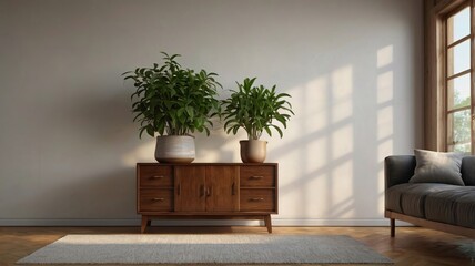 Potted Plants on Antique Cabinet in Bright Living Room