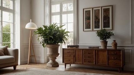 Potted Plants on Antique Cabinet in Bright Living Room