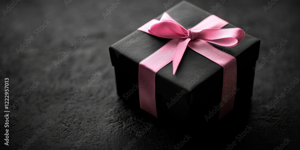 Poster elegant black gift box with pink ribbon on dark background with blank space for personalized text or