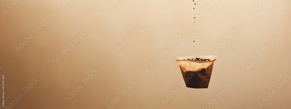 Poster Drip Bag Coffee Brewing Process with Empty Space for Text in a Minimalistic Background