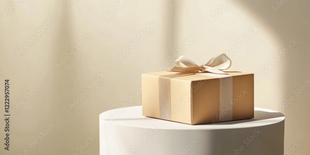 Poster Stylish gift box with ribbon on circular pedestal white background perfect for showcasing empty text space for promotions or announcements