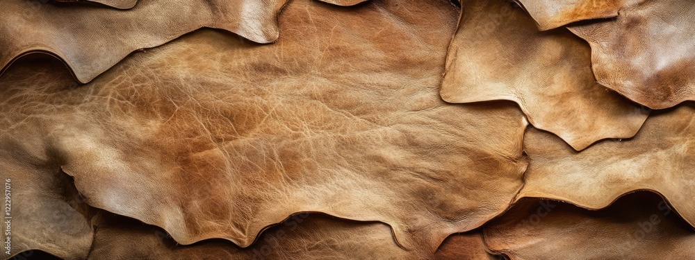 Aufkleber Rustic dried cowhide leather texture background with ample empty space for text or design elements in a warm tan color.