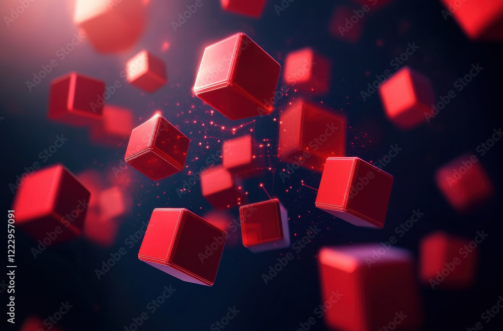 Poster cubes in motion create a dynamic visual effect against a dark background filled with vibrant energy