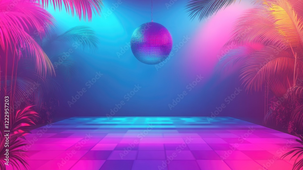 Poster Artistic retro disco background with vibrant colors and minimalistic layout featuring empty space for text surrounded by tropical elements
