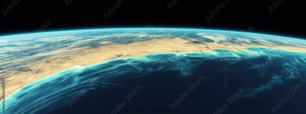 Poster Earth's Curvature From Space Showing Continents and Oceans Ideal for Text Overlay and Design Projects