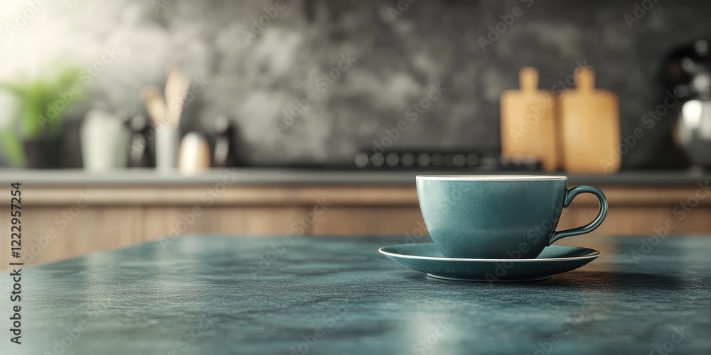 Poster elegant dark teal coffee cup mockup on kitchen countertop with minimalist design and ample copy spac